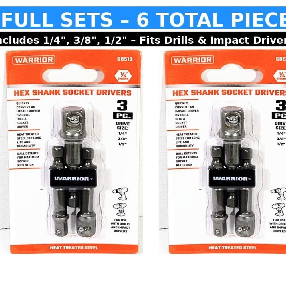 2x Warrior Hex Shank Socket Adapter Set 6pc 1/4 3/8 1/2 Drill Impact